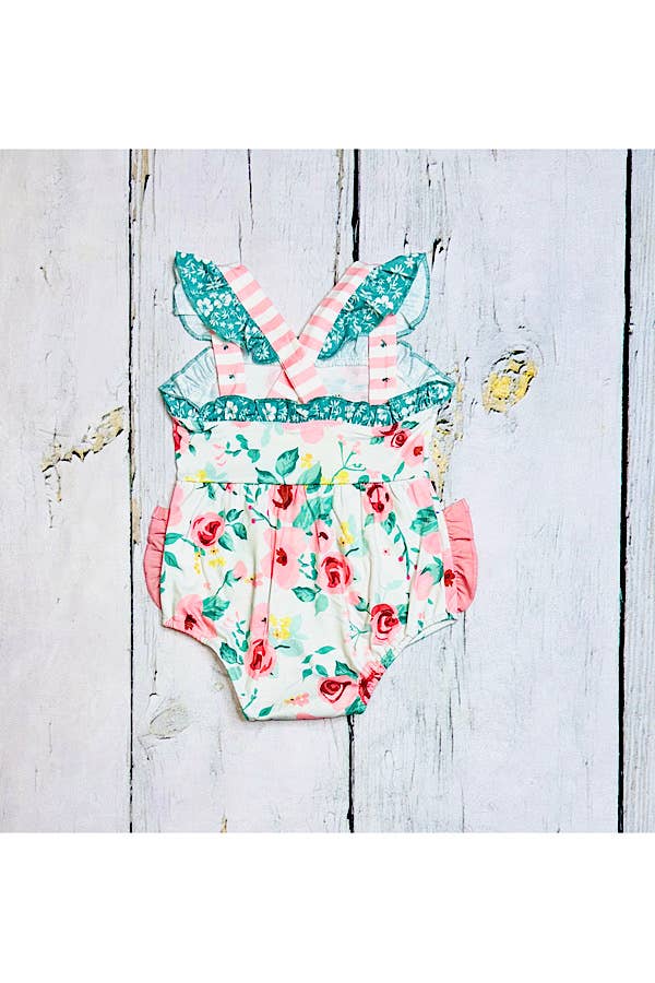 luluclothes - Pink & teal floral ruffle sleeveless baby romper XCH0999-6H - 6/12MONTHS