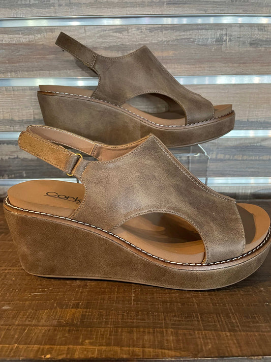 Corkys Taupe Brown Carley Wedge with 2.75" inch heel, memory foam EVA insole, and secure back strap—neutral chic design for all-day comfort