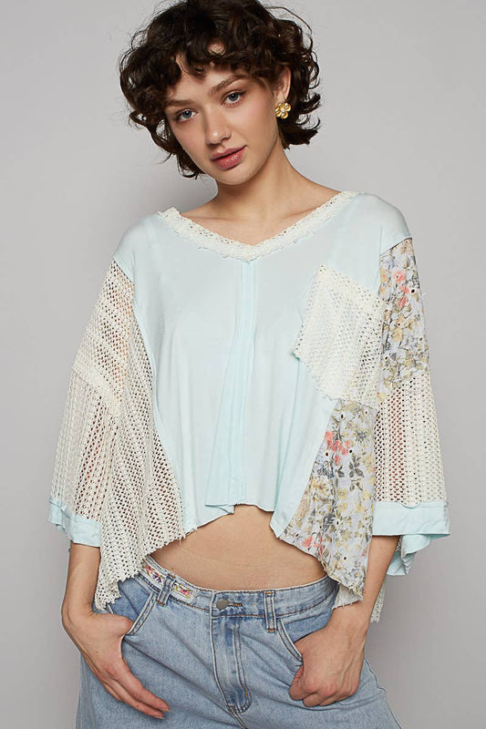 POL Aqua Blue Floral Crochet Contast Top
