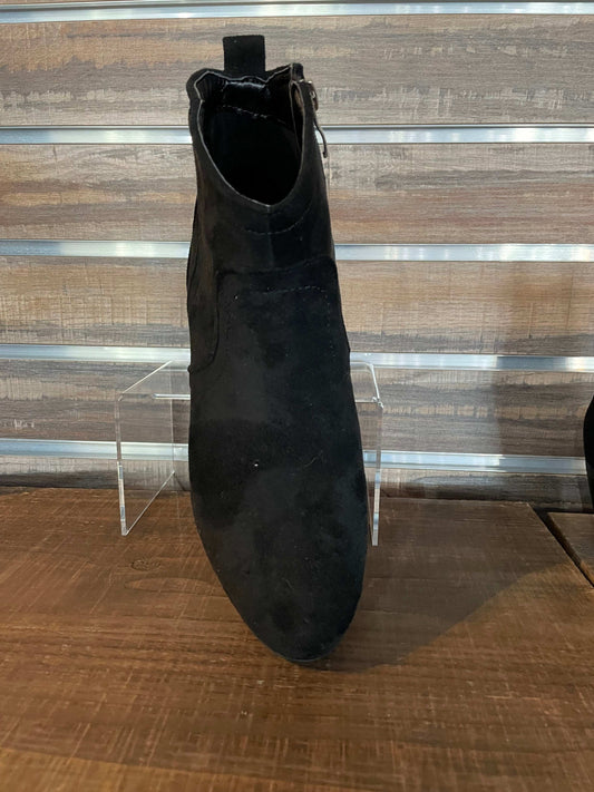 Corkys Black Yonder Bootie with 1-inch heel, full inside zip, and soft cushioned insole—stylish and comfortable for everyday wear