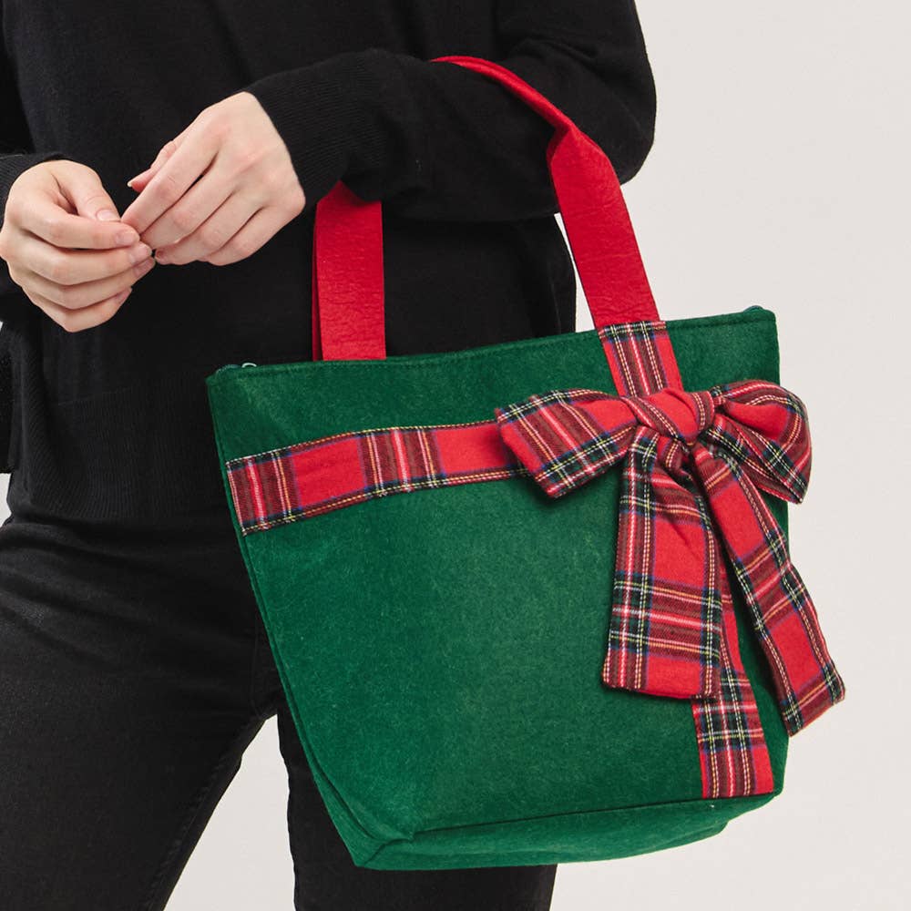 Christmas Red Tote Bag with Green Plaid Bow