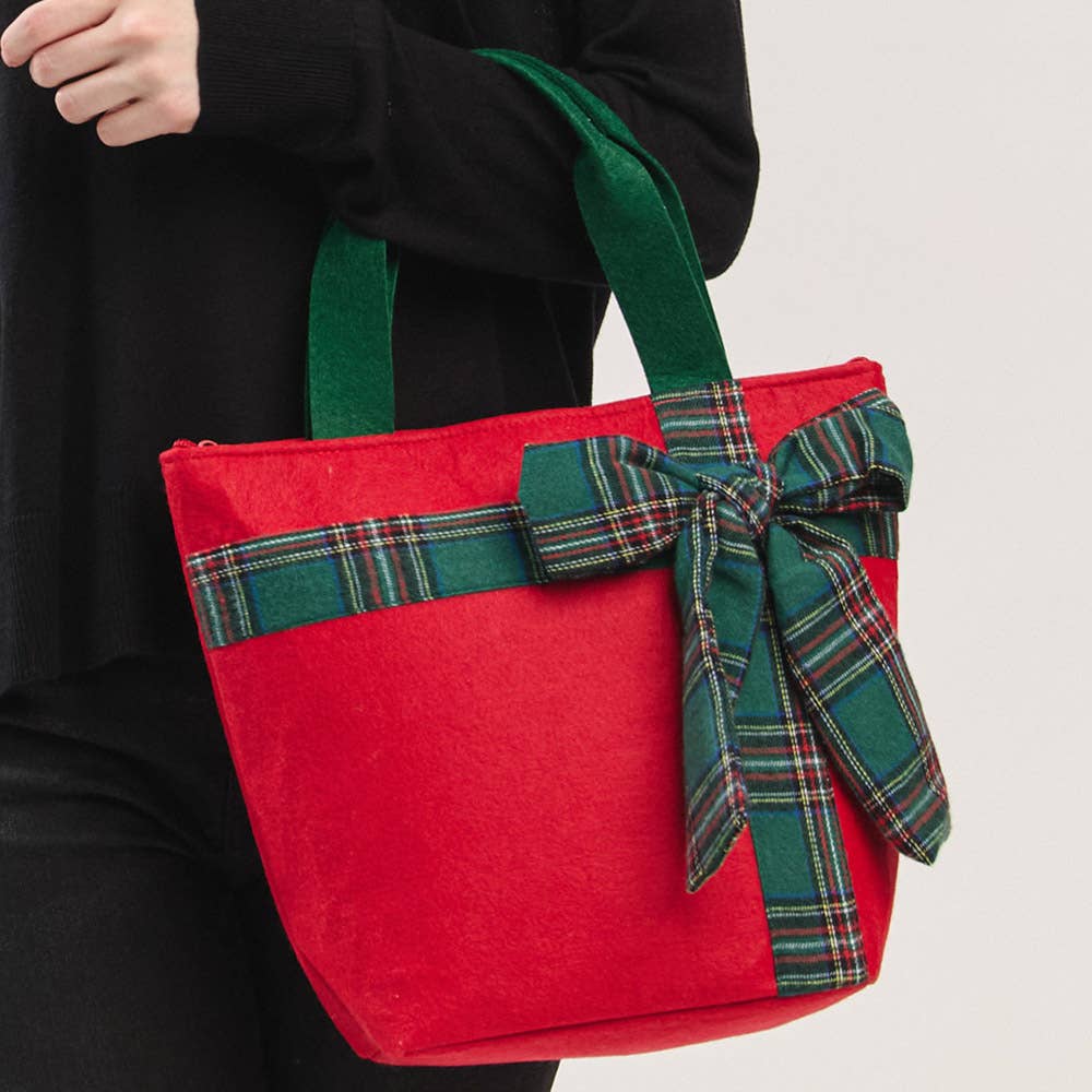 Christmas Red Tote Bag with Green Plaid Bow