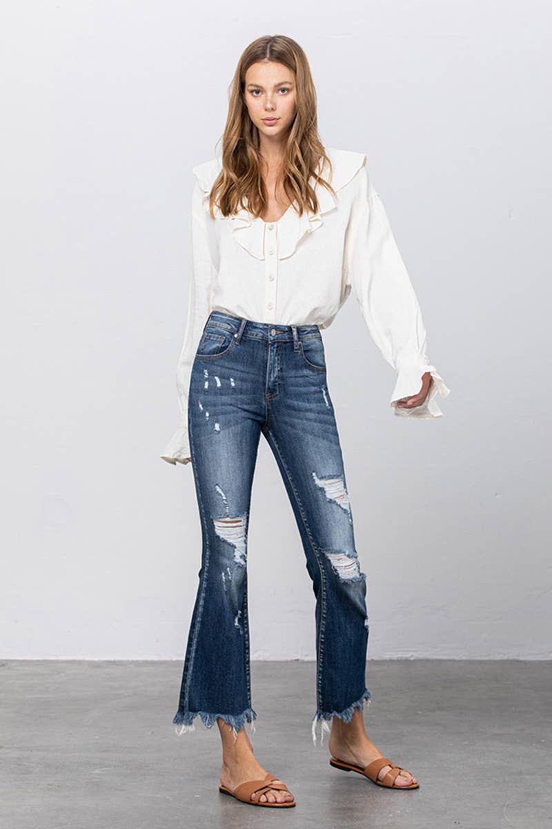 Mid Rise Distressed Crop Flare Jeans