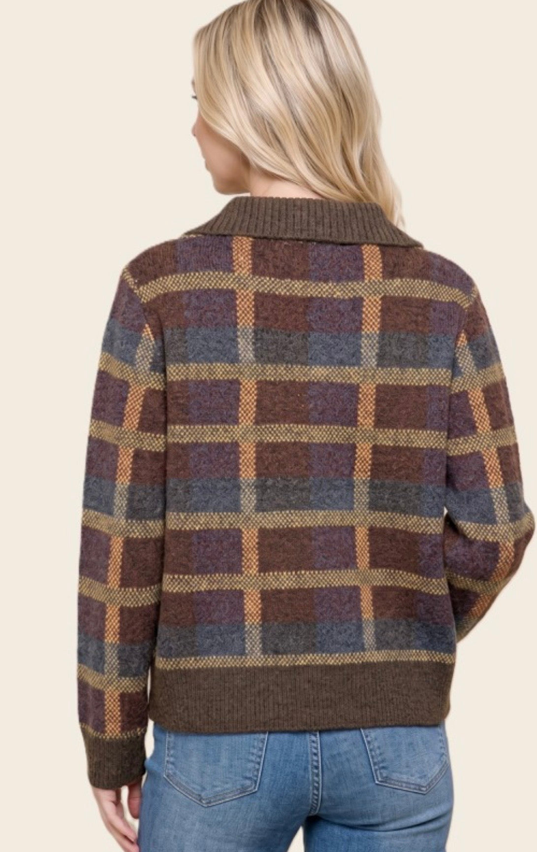Brown Plaid 1/4 Zip Sweater