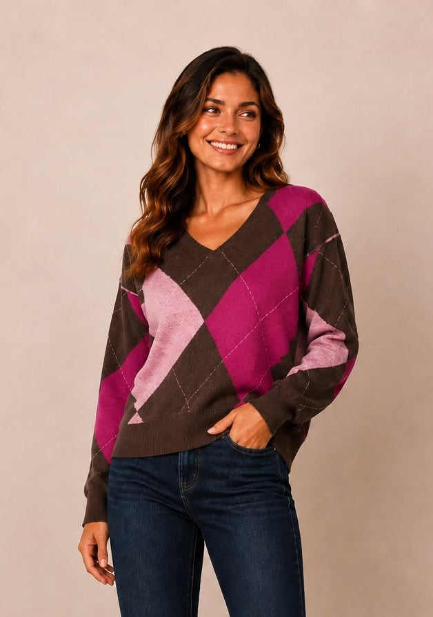 Brown and Pink Argyle Crew Neck Sweater