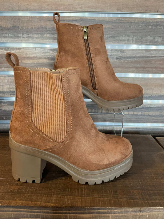 Corkys Trust Issues Bootie in suede tobacco with 2.75-inch heel, full inside zip, and soft cushioned insole—chic comfort for day-to-night wear