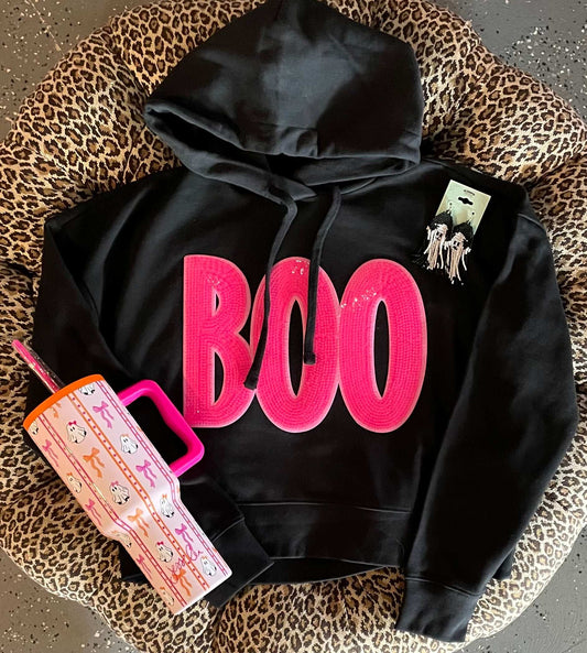 BOO Sequin Patch Cropped Hoodie