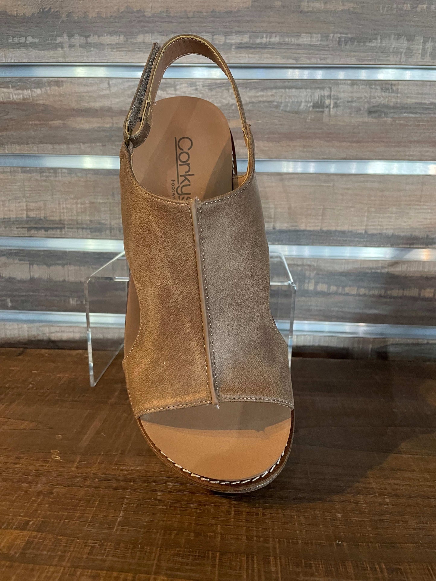 Corkys Taupe Brown Carley Wedge with 2.75" inch heel, memory foam EVA insole, and secure back strap—neutral chic design for all-day comfort