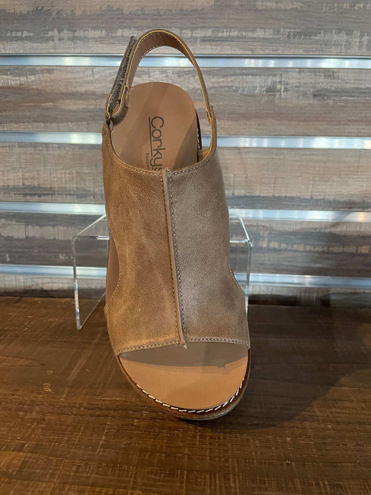 Corkys Taupe Brown Carley Wedge with 2.75" inch heel, memory foam EVA insole, and secure back strap—neutral chic design for all-day comfort