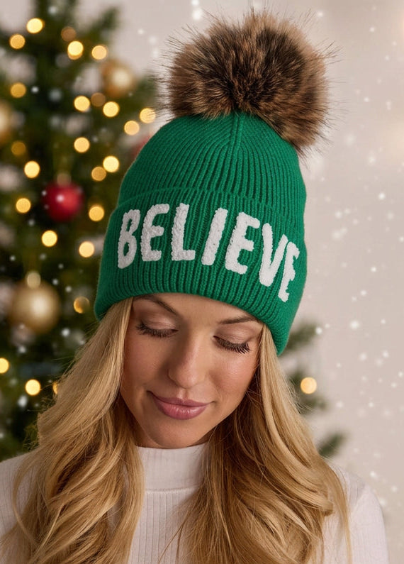Green BELIEVE Knit Pom Hat