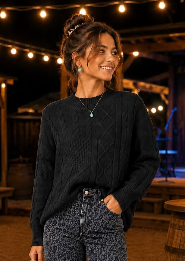 Black Cable Knit Mock Neck Sweater