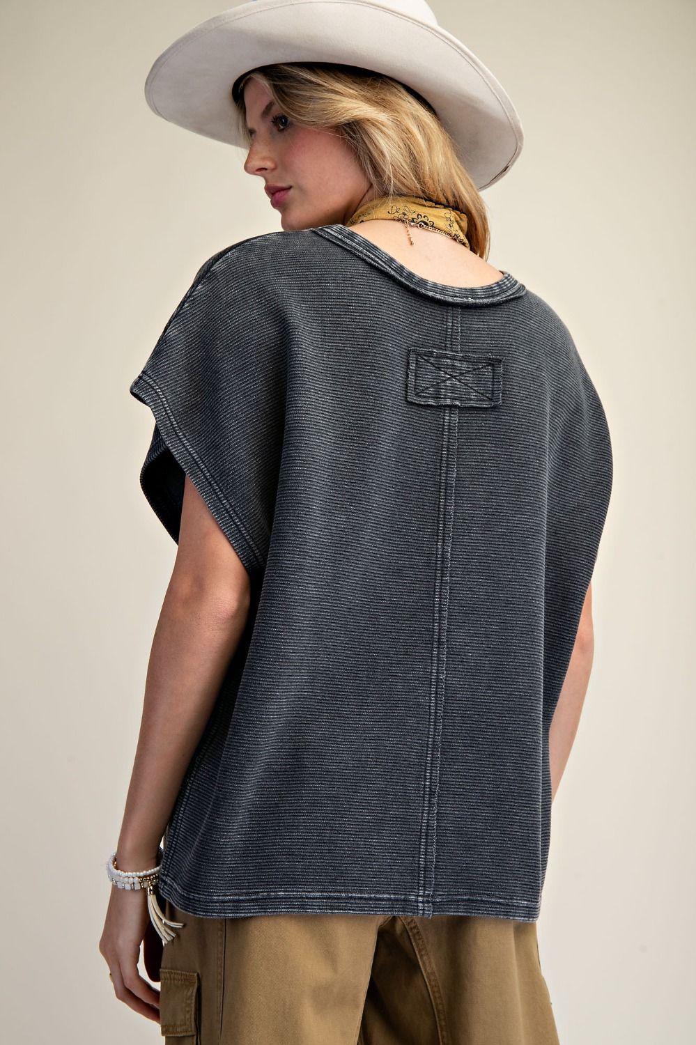 Black Mineral Wash Drop Shoulder Top