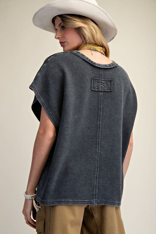 Black Mineral Wash Drop Shoulder Top