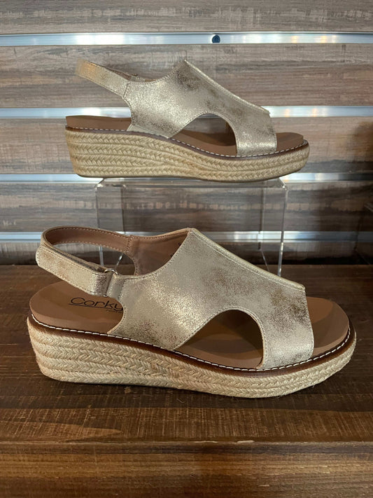 Gold metallic slip-on wedge sandal by Corkys with 2-inch heel and cushioned insole for stylish, all-day comfort