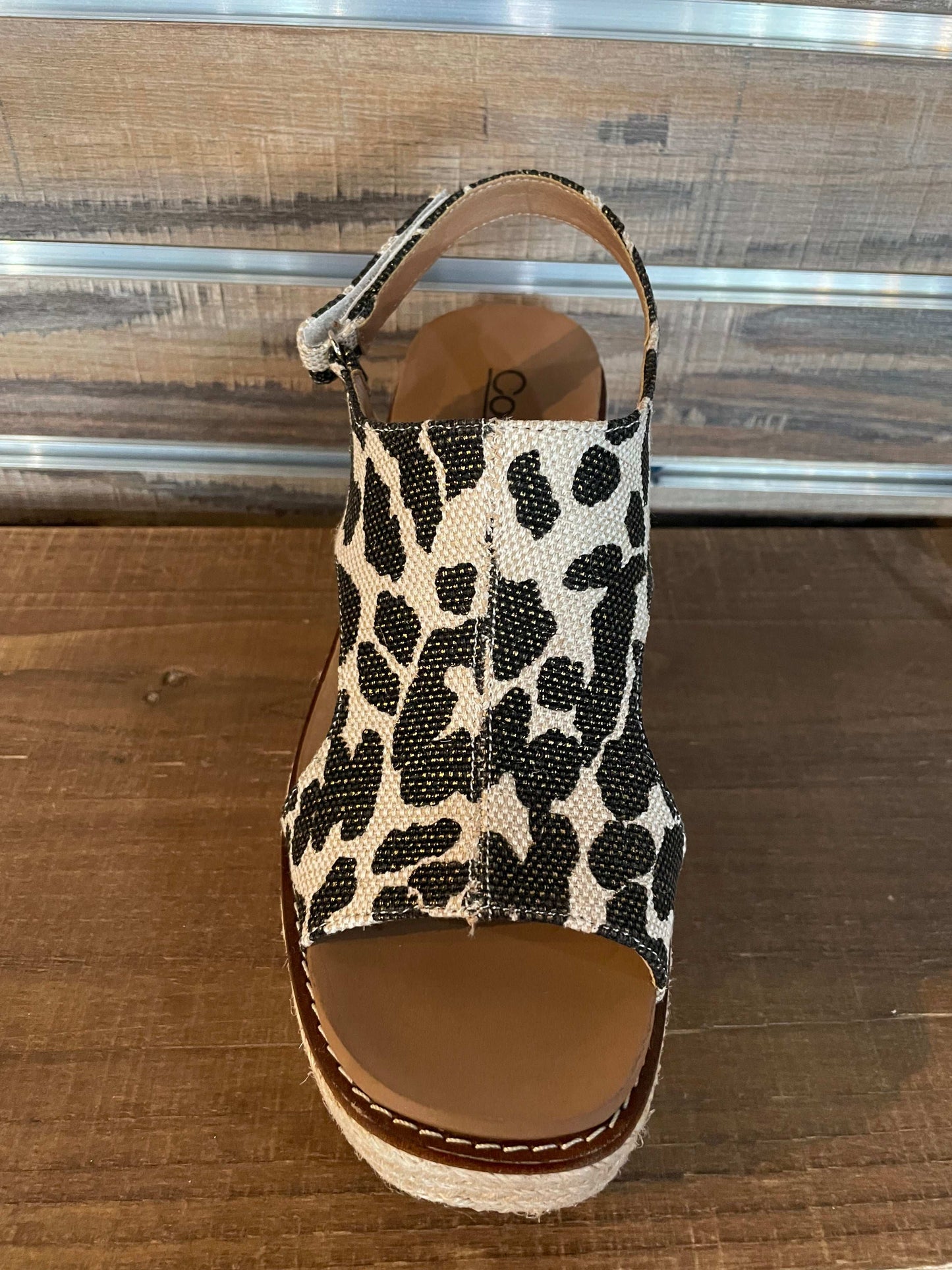 Corkys Leopard print Freddie Wedge with 3.5" inch heel, memory foam EVA insole, and secure back strap—neutral chic design for all-day comfort