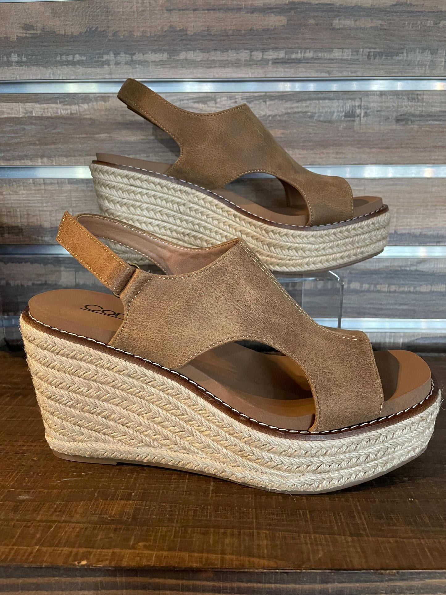 Corkys Taupe Brown Freddie Wedge with 3.5" inch heel, memory foam EVA insole, and secure back strap—neutral chic design for all-day comfort