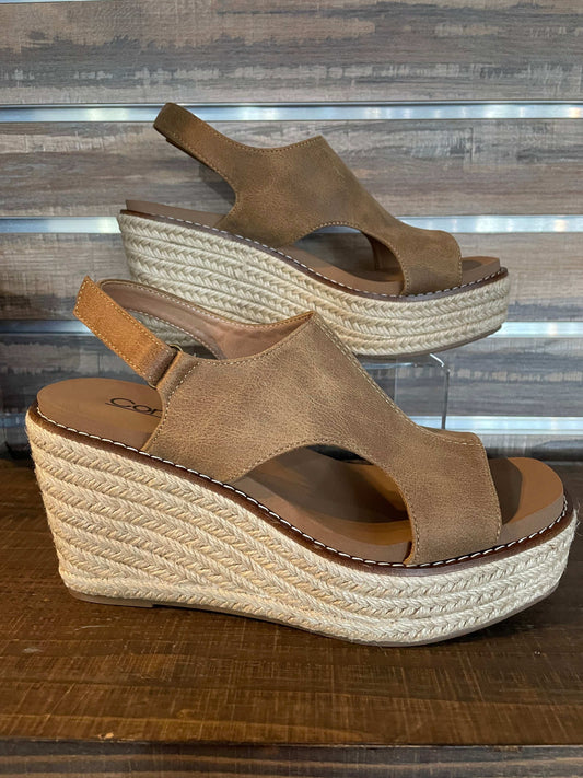 Corkys Taupe Brown Freddie  Wedge with 3.5" inch heel, memory foam EVA insole, and secure back strap—neutral chic design for all-day comfort