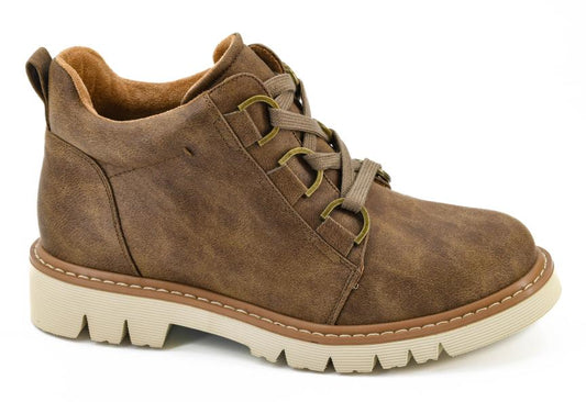 Corky's Campfire Boot in neutral tones with knit upper, cushioned insole, plaid lining, and white lug sole for fall comfort