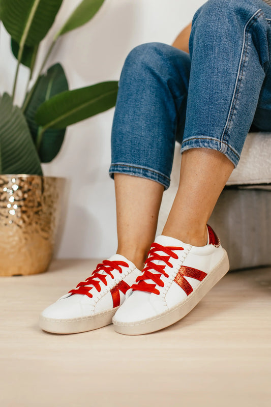 Corky's Friend Zone white and red stripe lace-up sneakers in sleek design with soft footbed, lightweight build, and snug customizable fit for everyday wea