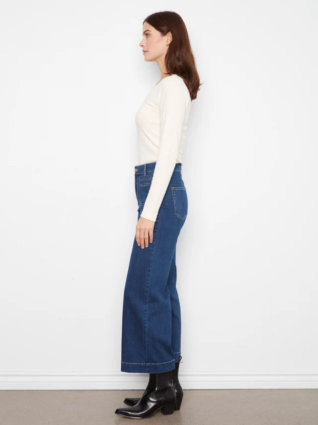 Cropped Patch Pocket Wide Leg Jeans