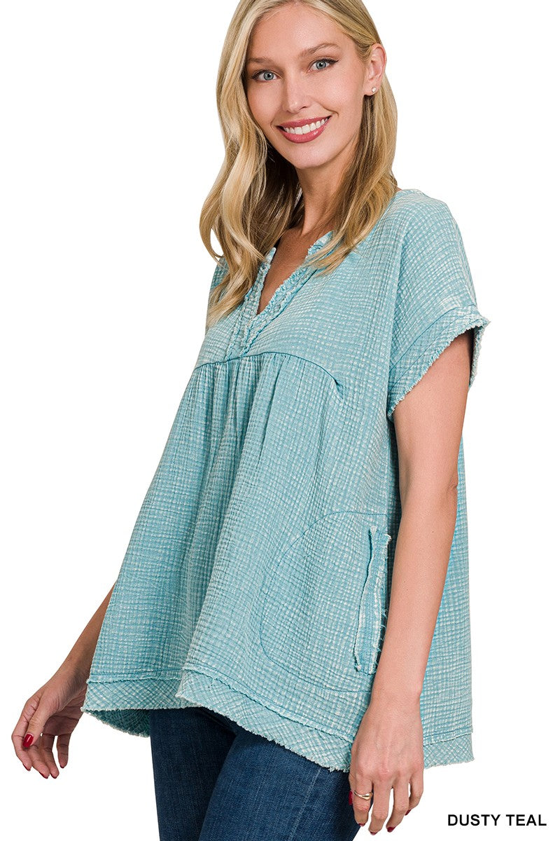 Gauze Raw Edge Top - Dusty Teal