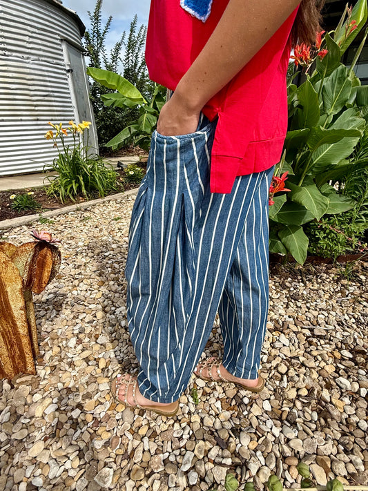 Stripe Washed Chambray Wide-Leg Pants