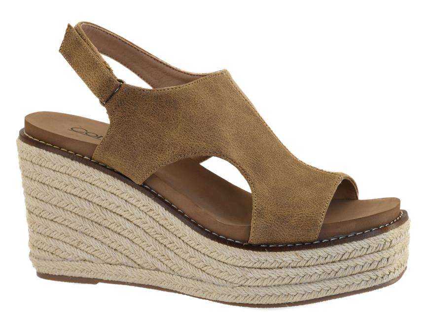 Brown wedge sandal with espadrille sole on a white background