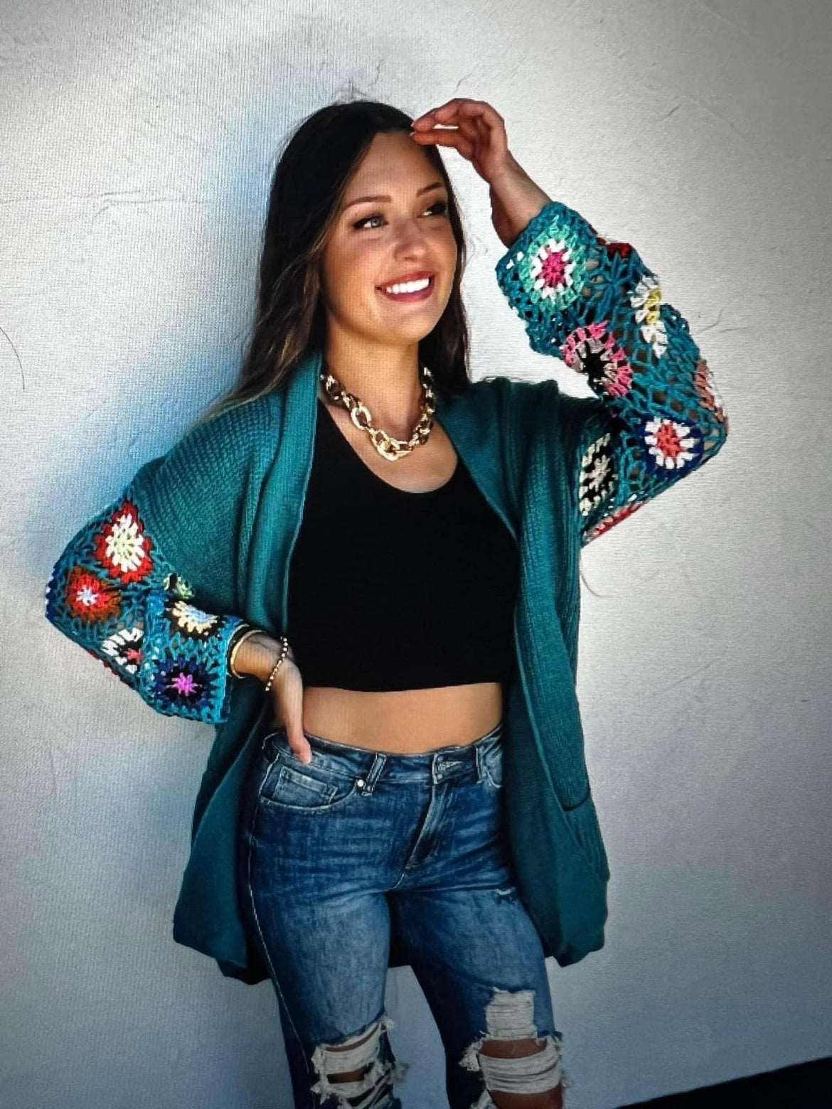 Teal Crochet Sleeve Cardi