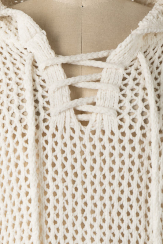 Lace Up Open Cable Knit Chenille Hoodie Sweater