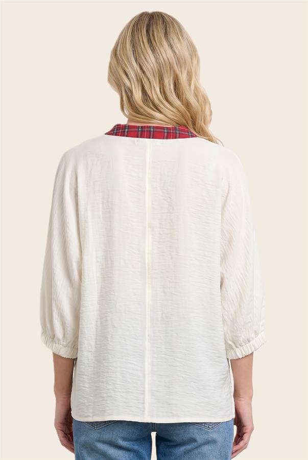 Ivory Plaid Accent Collar Woven Top