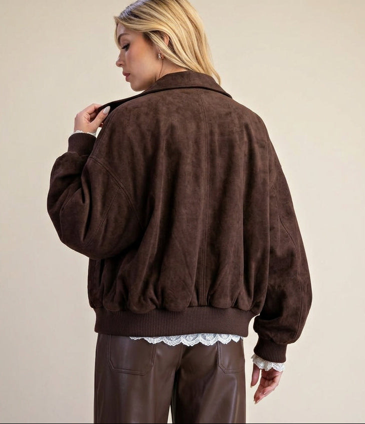 Chocolate Faux Suede Bubble Hem Jacket