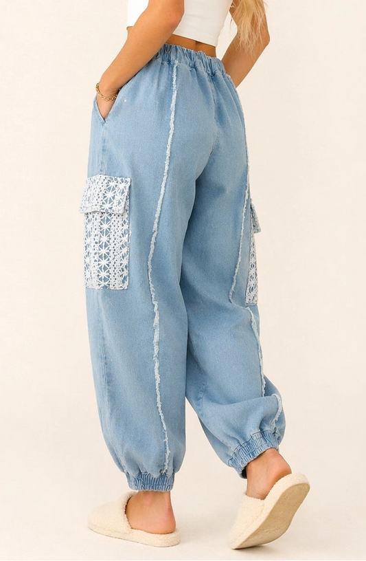 Light Denim Lace Pocket Jogger Pants