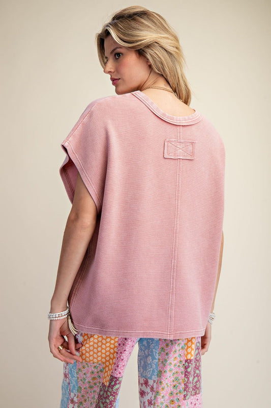 Mauve Mineral Wash Drop Shoulder Top