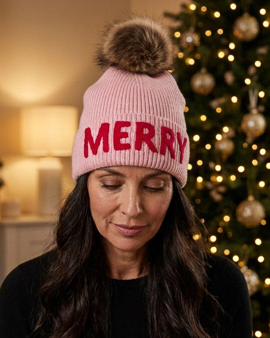 Pink MERRY Knit Pom Hat