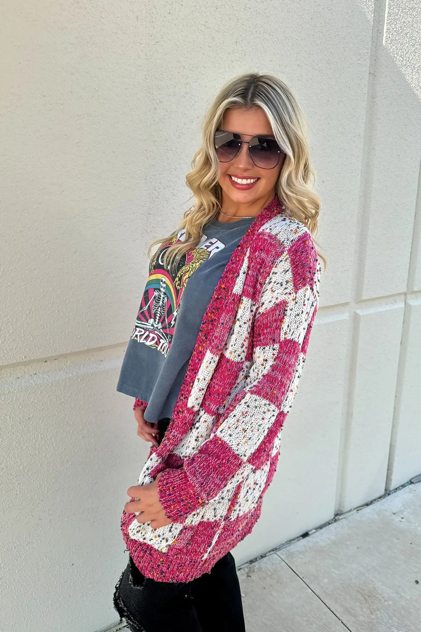 Pink Checkered Cardi