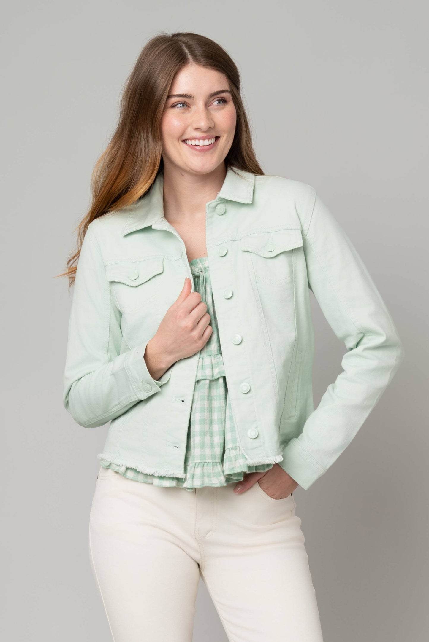 Mint Green Frayed Denim Jacket