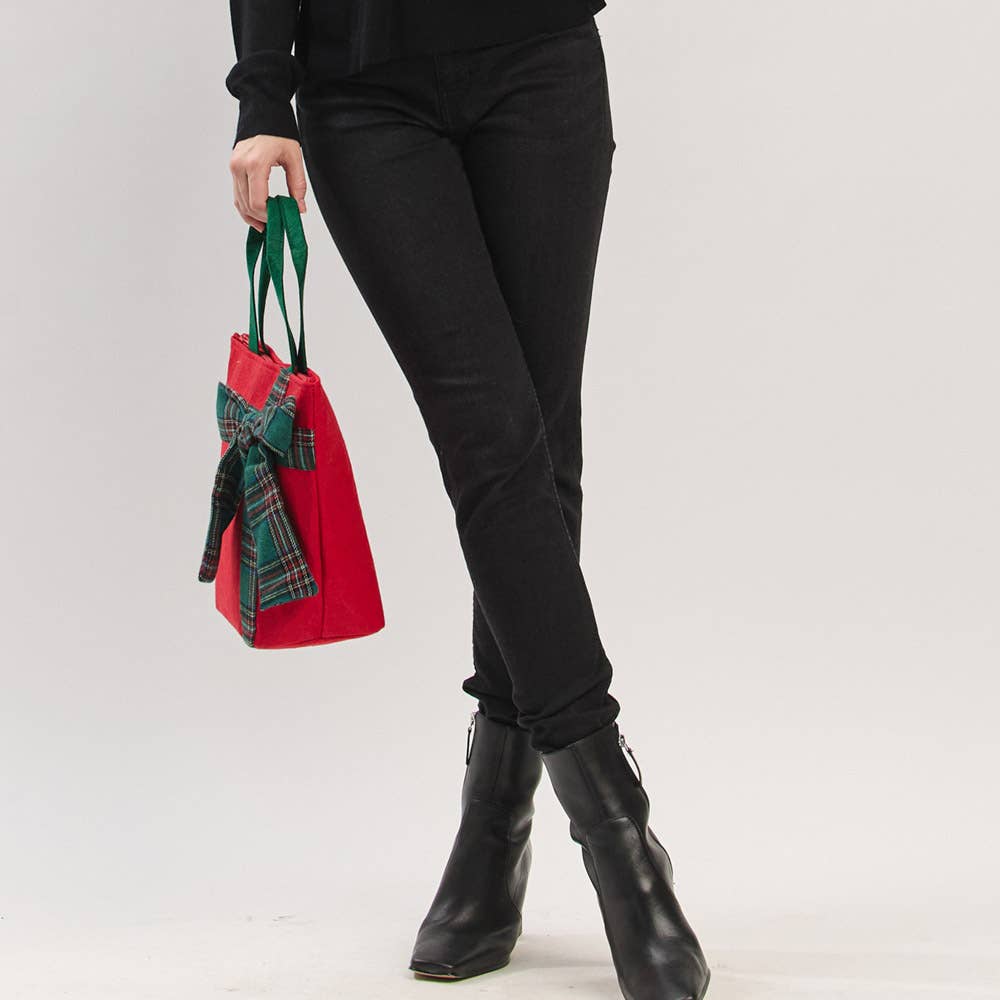 Christmas Red Tote Bag with Green Plaid Bow