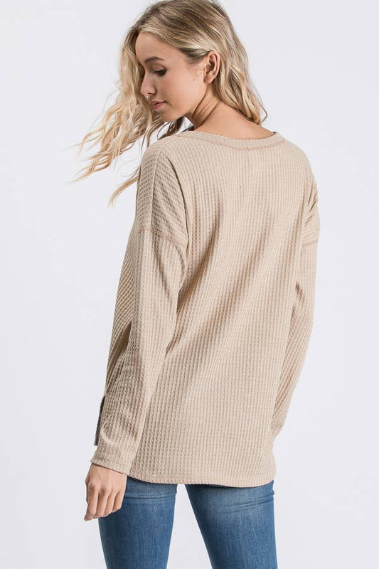 Mocha Waffle Knit V Neck Top