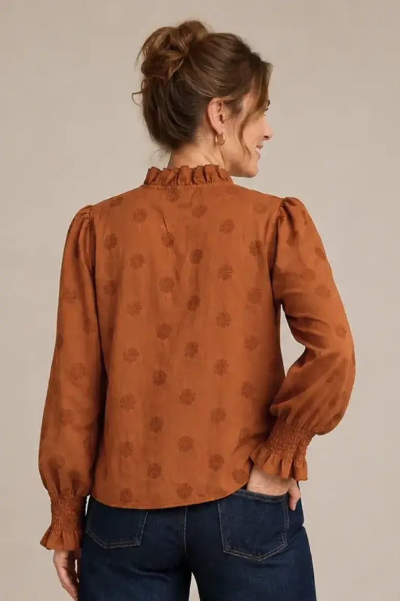 Cinnamon Embroidered Ruffle Neck Blouse