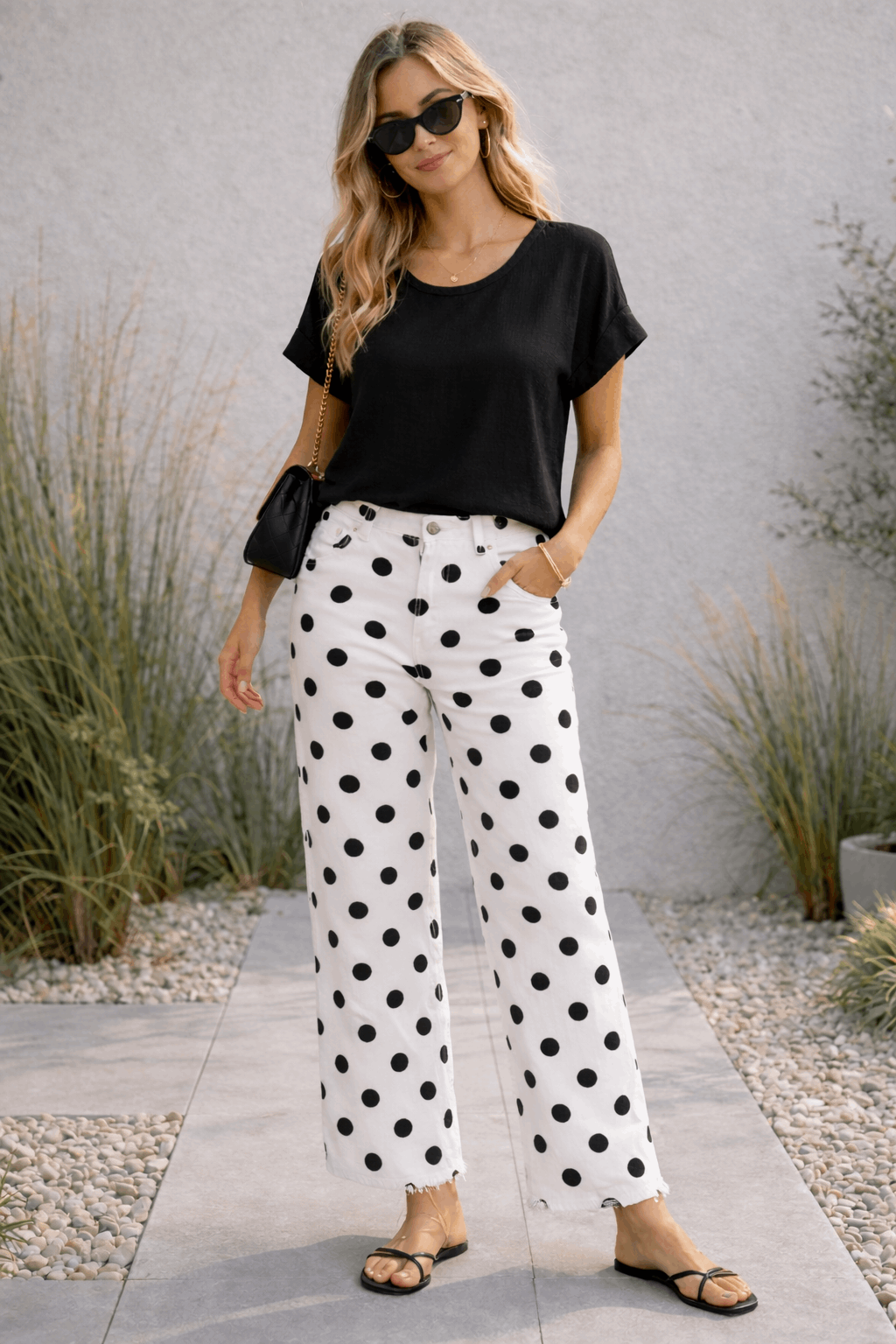 Polka Dot Fray Hem Wide Leg Pant