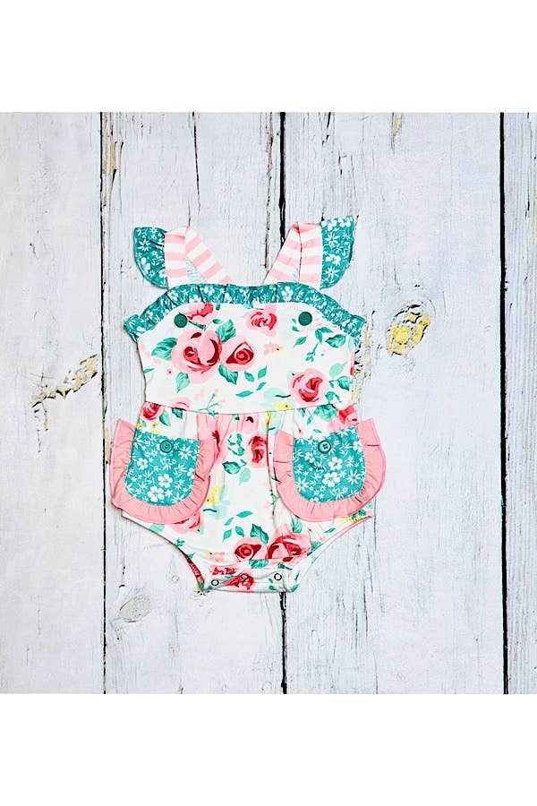 luluclothes - Pink & teal floral ruffle sleeveless baby romper XCH0999-6H - 6/12MONTHS