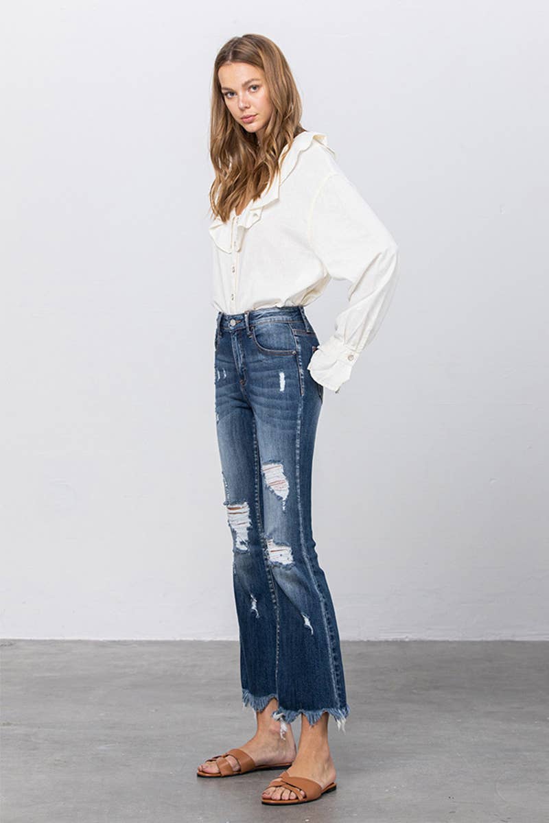 Mid Rise Distressed Crop Flare Jeans