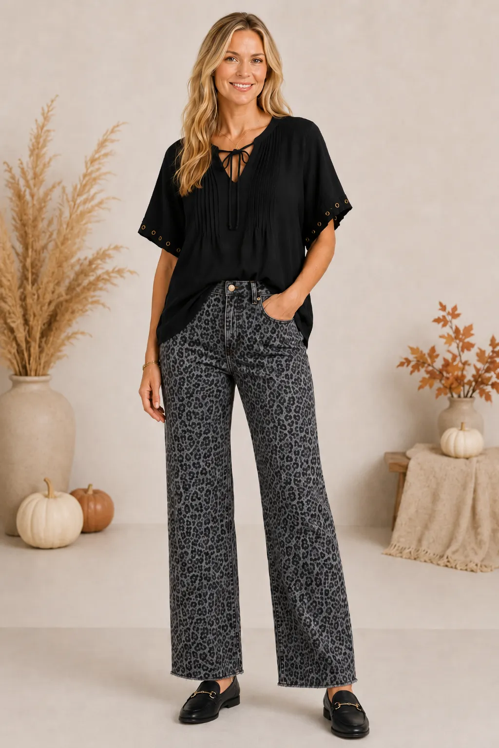 Black Leopard Wide Leg Fray Hem Jean