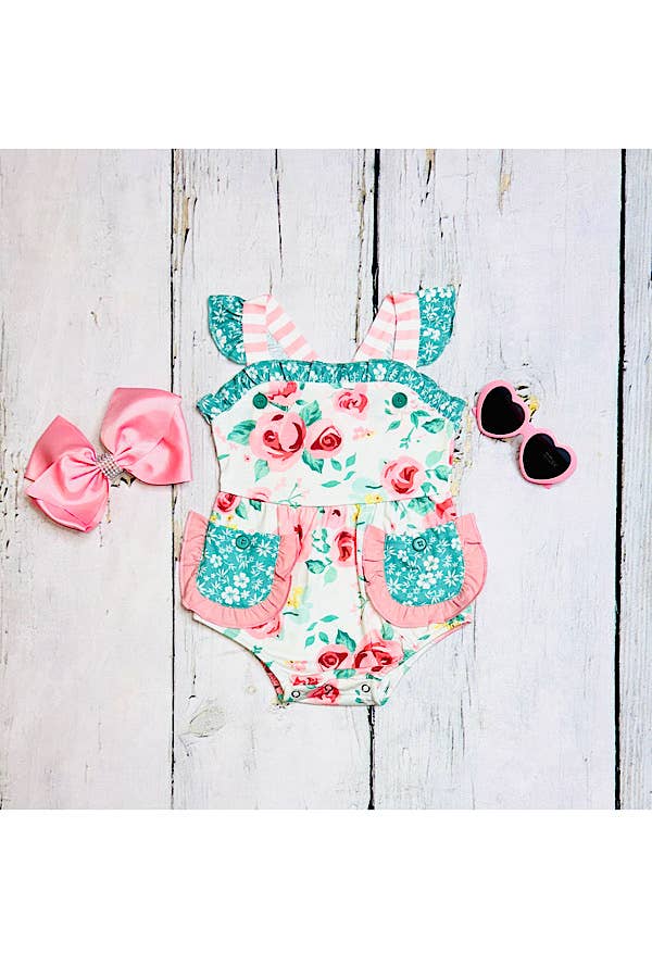 luluclothes - Pink & teal floral ruffle sleeveless baby romper XCH0999-6H - 6/12MONTHS