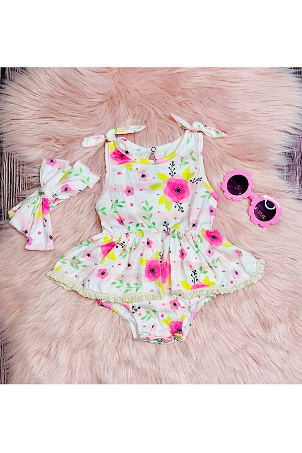 luluclothes - Pink floral & stripes w/lace baby romper w/headband DLH2407 - 3/6MONTHS
