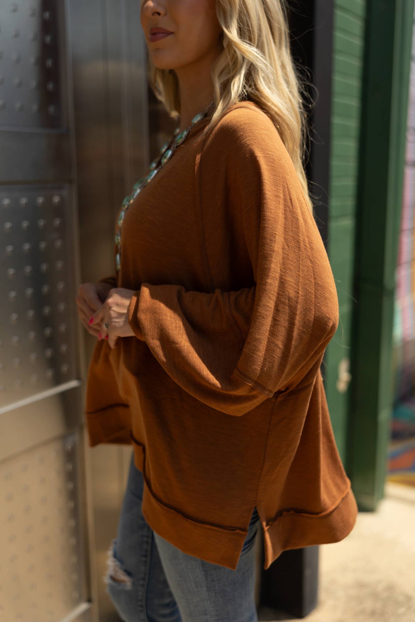 Flowy Split Neck Top - Caramel