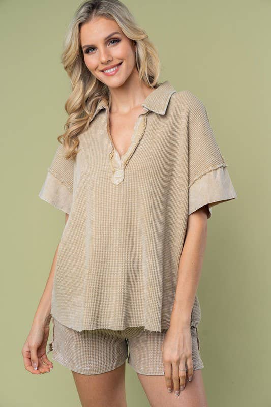 Tan waffle short sleeve top