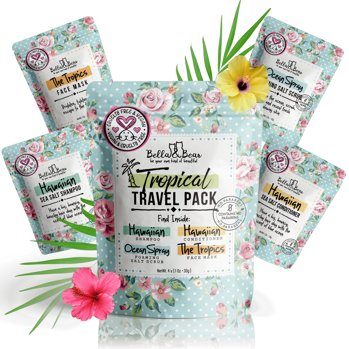 Bella & Bear - Travel Size Shampoo, Conditioner, Body Scrub & Face Mask Set