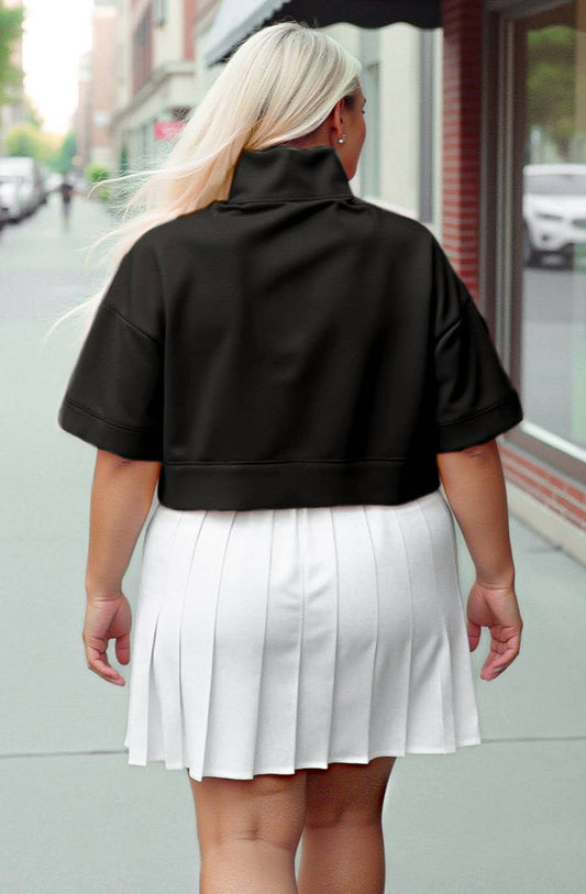 Black athleisure top with collar and white zipper