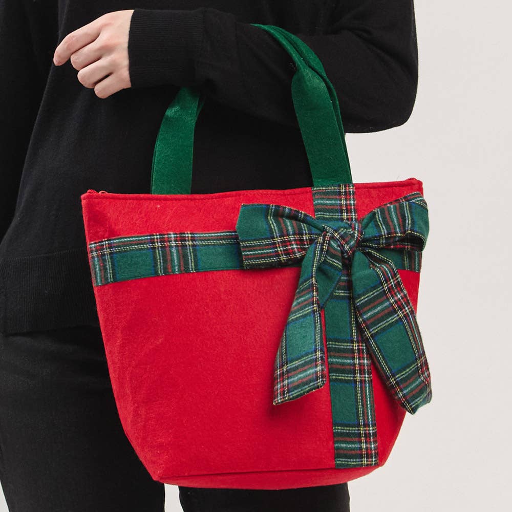 Christmas Red Tote Bag with Green Plaid Bow